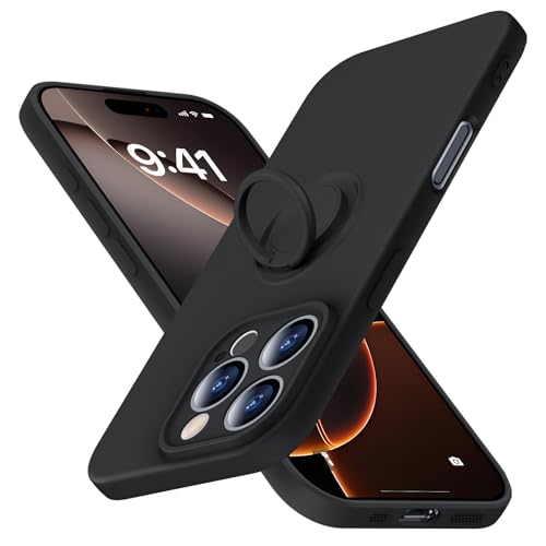 JUNAUTTB JUS04-84 Schutzhülle für iPhone 16 Pro, schlanke, weiche Flüssigsilikon-Handyhülle, eingebauter um 360° drehbarer Ringhalter, stoßfeste Schutzhülle, 16 cm (6,3 Zoll), Schwarz von JUNAUTTB