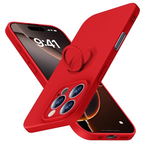 JUNAUTTB JUS04-85 Schutzhülle für iPhone 16 Pro, schlanke, weiche Flüssigsilikon-Handyhülle, eingebauter um 360° drehbarer Ringhalter, stoßfeste Schutzhülle, 16 cm (6,3 Zoll), Rot von JUNAUTTB