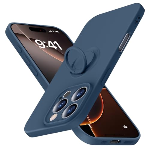 JUNAUTTB JUS04-86 Schutzhülle für iPhone 16 Pro, schlanke, weiche Flüssigsilikon-Handyhülle, eingebauter um 360° drehbarer Ringhalter, stoßfeste Schutzhülle, 16 cm (6,3 Zoll), Blau von JUNAUTTB
