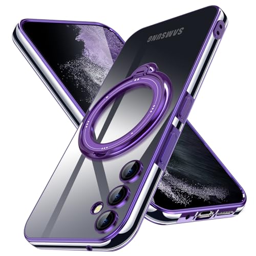 JUNAUTTB Schutzhülle für Samsung Galaxy S23 FE 5G mit Kameralinsenschutz, kompatibel mit MagSafe, weiches TPU, transparent, galvanisiert, magnetische Ringhalterung, Handyhülle, 16,3 cm, Dunkelviolett von JUNAUTTB