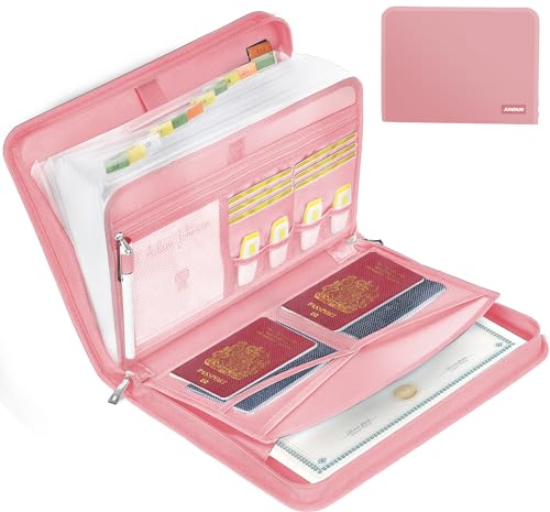 JUNDUN Fächermappe - Dokumentenmappe a4 mit mehreren Fächern - Feuerfest Dokumententasche mit Reißverschluss und Etiketten - für A4-Dateien und mehr (13 Fächern Transparentes Akkordeon, Rosa) von JUNDUN