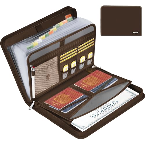 JUNDUN Fächermappe - Dokumentenmappe a4 mit mehreren Fächern - Feuerfest Dokumententasche mit Reißverschluss und Etiketten - für A4-Dateien und mehr(13 Fächern Transparentes Akkordeon, Braun) von JUNDUN