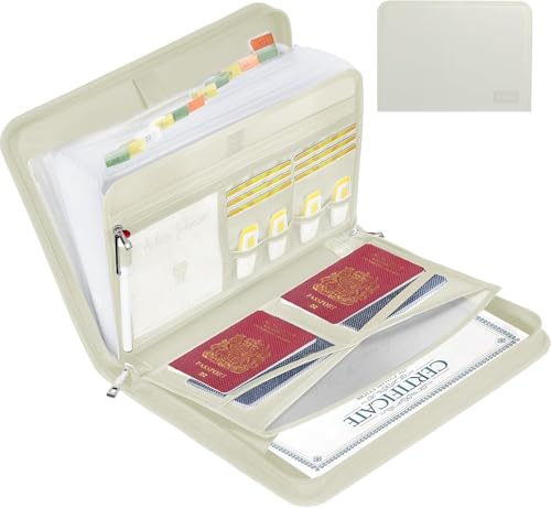 JUNDUN Fächermappe - Dokumentenmappe a4 mit mehreren Fächern - Feuerfest Dokumententasche mit Reißverschluss und Etiketten - für A4-Dateien und mehr (13 Fächern Transparentes Akkordeon, Beige) von JUNDUN