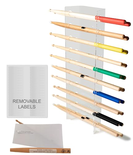 JUNE SIZZLE Drumstick Display Rack Halter für 10 Paar Sticks Wandhalterung oder stehend Drumstick Collection Zubehör Geschenk für Schlagzeuger Konzert Erinnerungsstücke Inklusive Abnehmbare Etiketten von JUNE SIZZLE