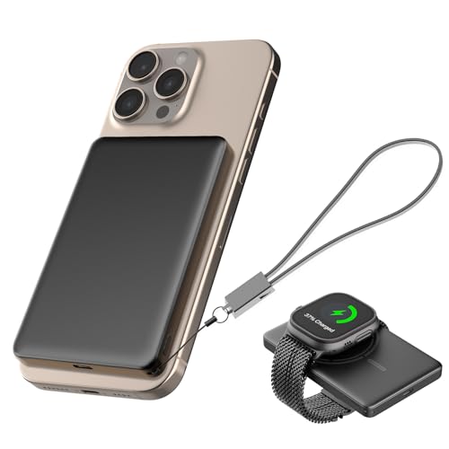 JUOVI Magnetische Wireless Powerbank, Ultra Slim 5000mAh Tragbare Ladegeräte 20W PD Schnelles Laden Mini Externe Akkupack mit USB C Kabel für MagSafe i-Watch Airpods iPhone 16 15 (Schwarz, 20W) von JUOVI