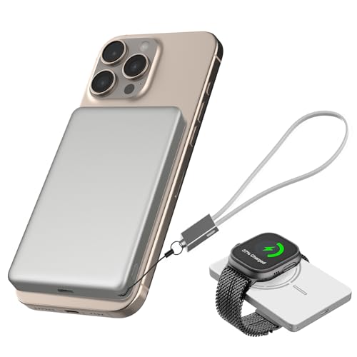JUOVI Magnetische Wireless Powerbank, Ultra Slim 5000mAh Tragbare Ladegeräte 20W PD Schnelles Laden Mini Externe Akkupack mit USB C Kabel für MagSafe i-Watch Airpods iPhone 16 15 (Weiß, 20W) von JUOVI