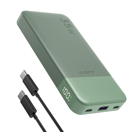 JUOVI Portable Power Bank 10000mAh, 35W High-Speed portables Ladegerät mit 2 USB-C and 1 USB-A, PD 3.0 QC 4.0 Externe Schnelllade-Akkupack für iPhone 16/15 Modelle, MacBook, iPad, J2601 (Grün) von JUOVI