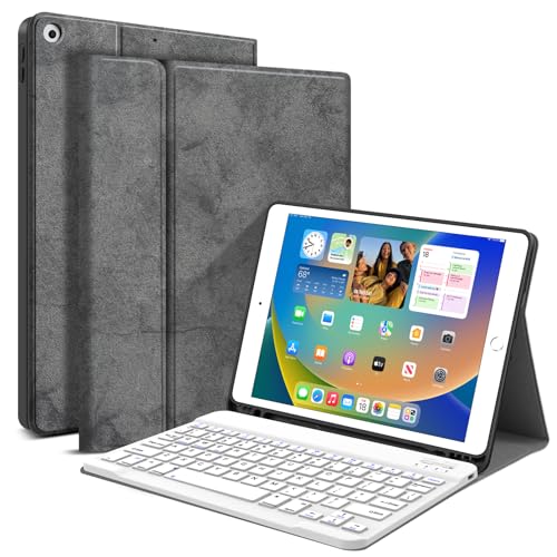 JUQITECH Tastatur Hülle für iPad 10.2 8. 7. Generation – Smart Case mit kabelloser Tastatur iPad 10,2 Zoll 8. 2020 7. 2019 Slim Tablet Abnehmbare Bluetooth Tastatur Ständer Cover mit Stifthalter, grau von JUQITECH