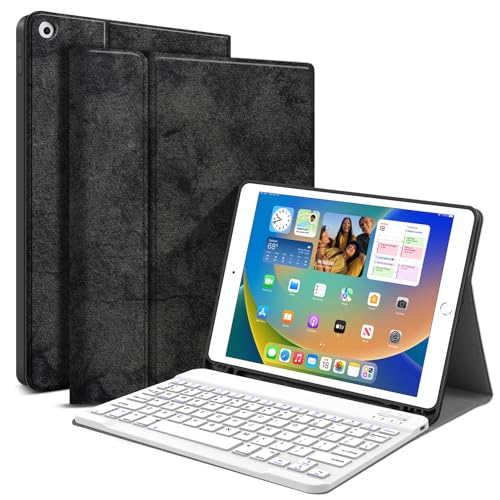 JUQITECH Tastatur Hülle für iPad 10.2 8. 7. Generation - Smart Case mit kabelloser Tastatur iPad 10.2 Zoll 8. 2020 7. 2019 Slim Tablet Abnehmbare Bluetooth Tastatur Ständer Cover mit Stifthalter, Schwarz von JUQITECH