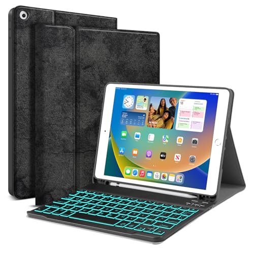 JUQITECH Tastatur Hülle für iPad 10.2 8th 7th Generation - Schutzhülle mit BT Tastatur für iPad 10.2 Zoll 8th 2020 7th 2019 Wireless Tablet Abnehmbare Tastatur Ständer Cover mit Stifthalter, Schwarz von JUQITECH