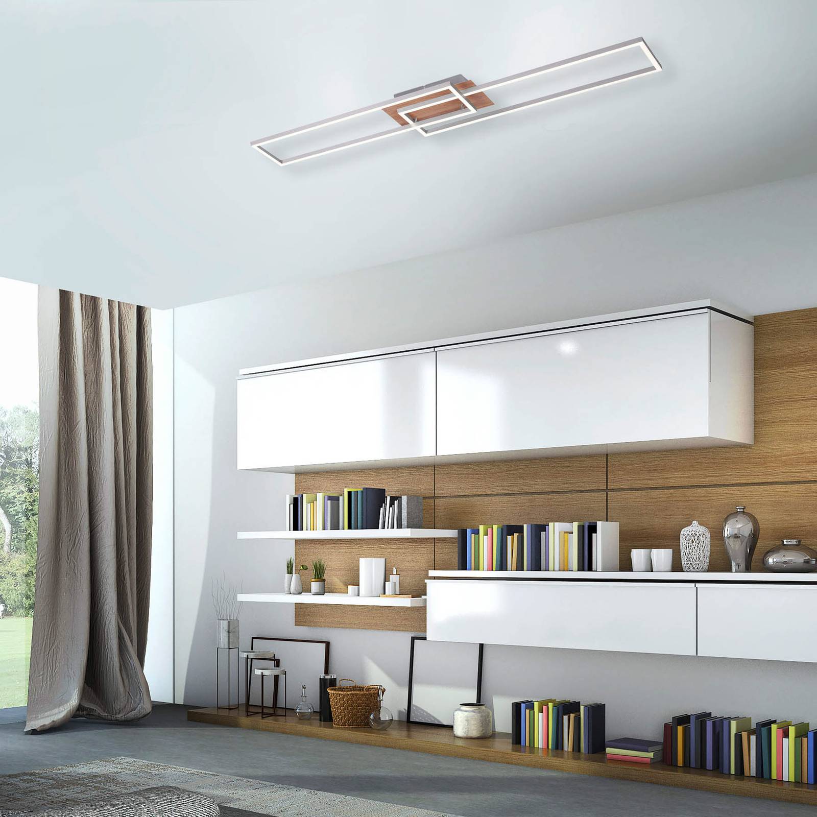 LED-Deckenleuchte Iven, dim, stahl/holz, 110x25cm LED-Deckenleuchte Iven, dim, stahl/holz, 110x25cm von JUST LIGHT.