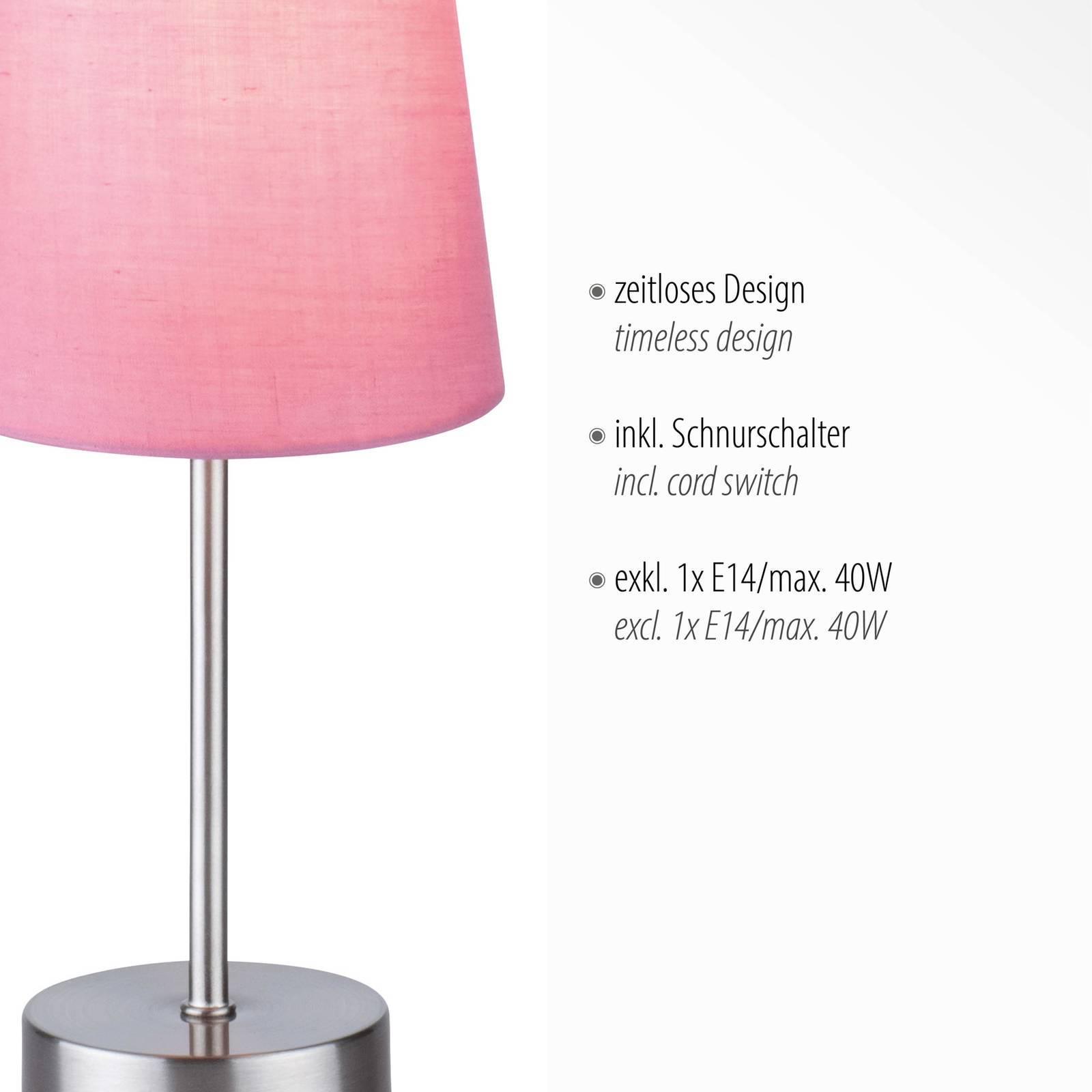 Tischleuchte Heinrich mit Stoffschirm rosa Tischleuchte Heinrich mit Stoffschirm rosa von JUST LIGHT.