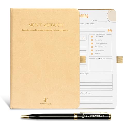 JUSTEVOLVE Mein Tagebuch Achtsamkeit Erfolgsjournal - Selbstreflexion Dankbarkeitstagebuch - Undatiert Leder Planer mit Stift von JUSTEVOLVE