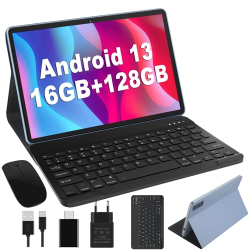 JUSYEA 2023 Neueste Tablet 10 Zoll Android 13 Octa-Core 16GB RAM + 128GB ROM (1TB TF), WiFi 5G + 2.4G, GPS, Bluetooth 5.0, Cast, 13MP+5MP, 8000mAh Akku, mit Tastatur & Maus, Metallkörper Blau von JUSYEA