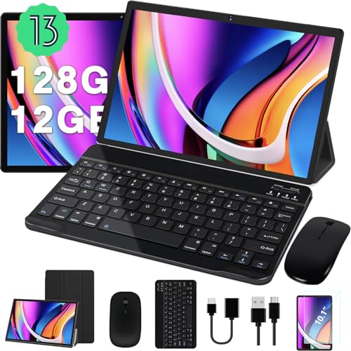 JUSYEA Tablet 10 Zoll Android 13 Tablets 12GB RAM + 128GB ROM (1TB TF) Cores 2.0Ghz, WLAN 5G, Bluetooth 5.0, FaceID, Cast, GMS, 8000mAh Akku, 8MP+5MP, mit Hülle, Tastatur & Maus, Grau von JUSYEA