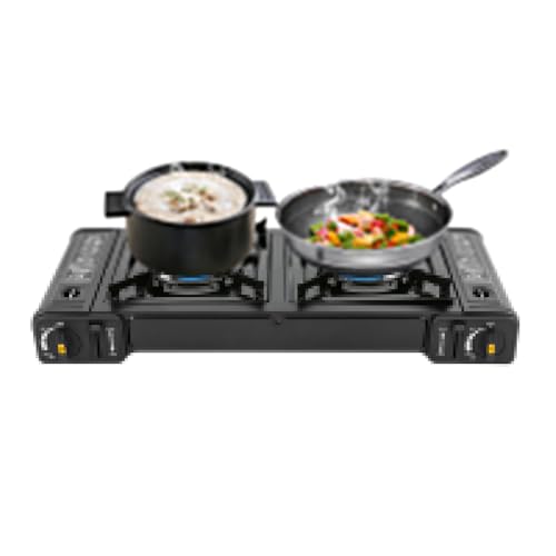 Tragbarer Campingkocher Gaskocher 2-flammig mit 1 Grill Tray Gaskochfeld Tragbarer mit Storage Case für Outdoor und Innenraum camping traveling hiking picnics patio barbecue parties Schwarz Tragbarer Campingkocher Gaskocher 2-flammig mit 1 Grill Tray Gaskochfeld Tragbarer mit Storage Case für Outdoor und Innenraum camping traveling hiking picnics patio barbecue parties Schwarz von JUUTALK
