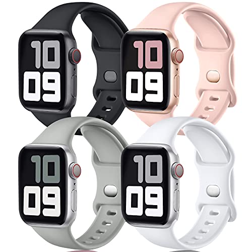 JUVEL Armband Kompatibel mit Apple Watch 38mm 40mm 41mm, 4 Stück Silikon Ersatzbänder Kompatibel für iWatch SE Series 9/8/7/6/5/4/3, Ultra/Ultra 2, Schwarz/Weiß/Grau/Sand Pink von JUVEL