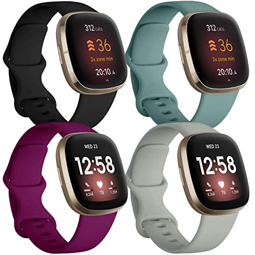 JUVEL Armband kompatibel mit Fitbit Versa 3 Armband/Fitbit Sense/Versa 4 Armbänder, 4 Stück, Ersatz-Sportarmbänder aus weichem Silikon, für Damen und Herren, klein, Schwarz/Kieferngrün/Grau/Fuchsia von JUVEL