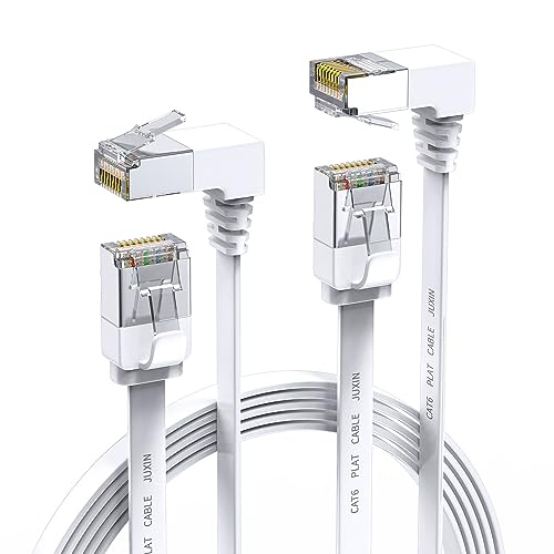 JUXINICE Cat 6 Ethernet-Kabel, 90 Grad, rechtwinklig, Cat6, Ethernet-Patchkabel, 1,8 m, 10 Gbit/s, flach, CAT6, Gigabit, Internet, Netzwerk, LAN-Patchkabel, weiß (oben + unten) Winkel, 2 Stück von JUXINICE