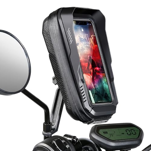 JUYANO Handyhalterung Motorrad Wasserdicht 360° Drehbar Smartphone Handy Halterung Motorrad Mit Sonnenblende Touch ID/Gesichts ID Anti-Vibration Motorrad Halterung für Smartphone is zu 6.7" (Schwarz) von JUYANO