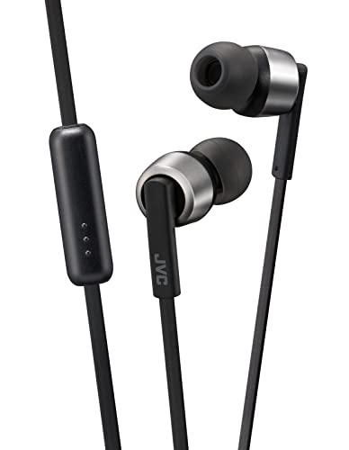 JVC HA-FX51M-B Kabelgebundene In-Ear-Kopfhörer mit Fernbedienung, Mikrofon und Tragetasche, wasserdicht IPX4, einfache Bedienung und verhedderungsfreies Kabel, Schwarz/Silber von JVC