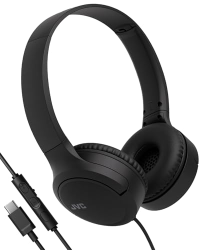 JVC HA-S33UC-B USB-C On-Ear-Kopfhörer, weiche Ohrpolster, faltbar, mit Mikrofon & 3-Tasten-Fernbedienung, einseitiges Kabel, Schwarz von JVC