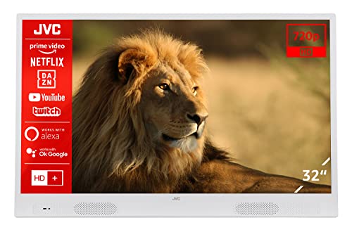 JVC LT-32VHP255W 32 Zoll tragbarer Fernseher / Smart TV mit Akku- & Strombetrieb (HD Ready, Triple-Tuner, HDR10, Dolby Audio, für zu Hause & Outdoor geeignet) - 6 Monate HD+ inkl., Weiß von JVC