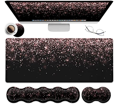 Großes Gaming-Mauspad (31.5x11.8 Zoll) Gummibasis XXL Mauspad mit genähten Kanten, ergonomische Tastatur-Handgelenkauflage, Büro, Roségold Glitzer Schwarz Mauspad von JVGFYNKL