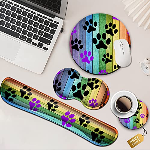 Mauspad mit Handgelenkstütze Gaming Mousepad Büro Einfaches Tippen Spiele zur Linderung von Müdigkeit Rutschfest Rustikale Regenbogen Holzmaserung Schwarz und Lila Niedlich Hund Pfote Schreibtisch von JVGFYNKL