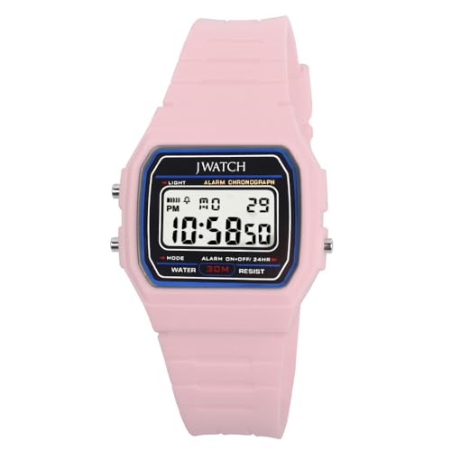 JWATCH Casual Sport Watch Vintage Collection Unisex Digital Armbanduhr 30M wasserdichte Sportuhr Stoppuhr Kalender leuchtende Digitaluhr mit Wecker in pink rosa von JWATCH