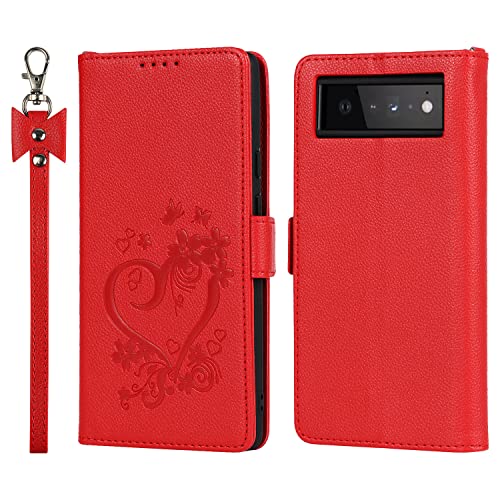 JWS-C Google Pixel 6 5G Case Love Wallet Luxury PU Leather with card holder Wristband Shockproof Protective Flip Cover for Etui Porttefeuille Google Pixel 6 5G (6,4 Zoll) - Pink von JWS-C