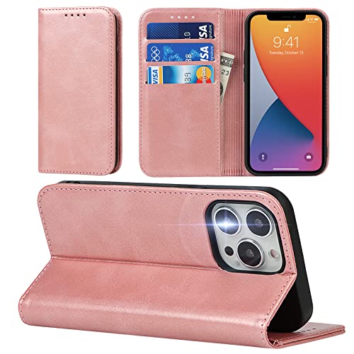 JWS-C iPhone 13 Pro Max Case Wallet Luxury PU-Leder mit Kartenhalter, stoßfeste Schutzhülle für Damen iPhone 13 Pro Max-Roségold von JWS-C