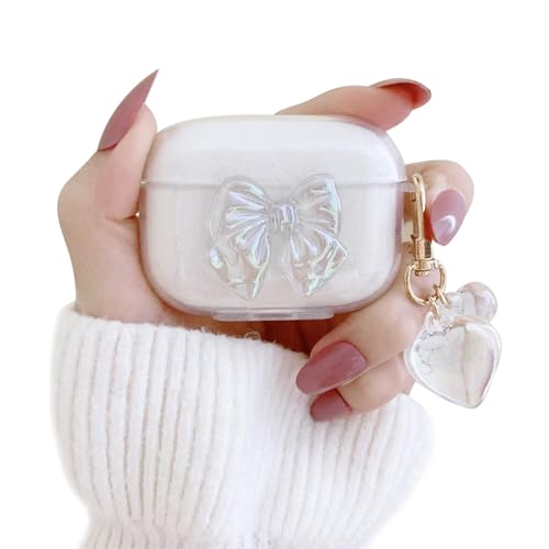 Kompatibel mit AirPods Pro 2 Hülle, Airpods Pro 2 Generation Hülle Stoßfeste Anti-Rutsch Flash TPU Cute Aesthetic Kristall Bogen Design mit Herz Schlüsselanhänger Zubehör für Mädchen Glitter von JXAXD