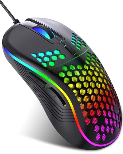 JYCSTE Kabelgebundene Gaming Maus, RGB-Hintergrundbeleuchtung und 7200 einstellbare DPI, ergonomische und leichte USB-Computermaus mit hochpräzisem Sensor für Windows PC & Laptop-Gamer (Schwarz) von JYCSTE