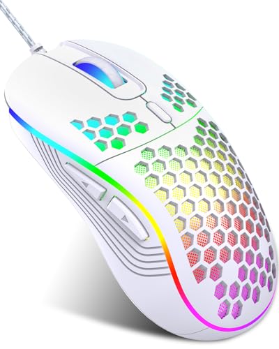 JYCSTE Kabelgebundene Gaming Maus, RGB-Hintergrundbeleuchtung und 7200 einstellbare DPI, ergonomische und leichte USB-Computermaus mit hochpräzisem Sensor für Windows PC & Laptop-Gamer (Weiß) von JYCSTE