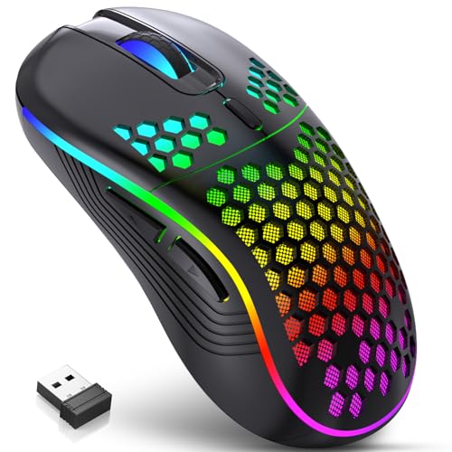 JYCSTE Kabellose Gaming Maus, wiederaufladbare Computermaus Ergonomische Maus Honeycomb Design mit RGB-Hintergrundbeleuchtung, USB-Empfänger, einstellbare DPI, für PC/Mac/Laptop (schwarz) von JYCSTE