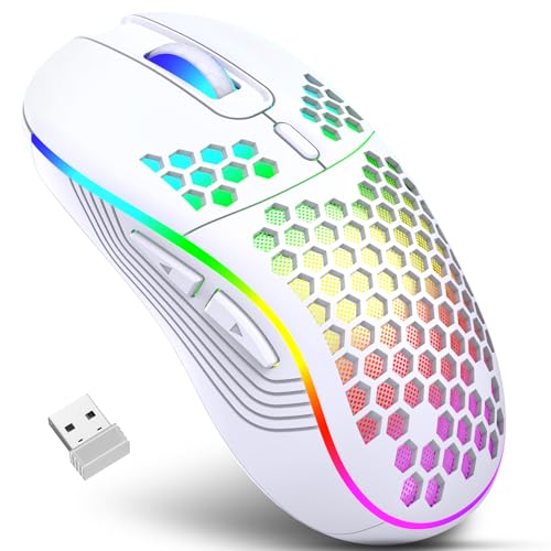 JYCSTE Kabellose Gaming Maus, wiederaufladbare Computermaus Ergonomische Maus Honeycomb Design mit RGB-Hintergrundbeleuchtung, USB-Empfänger, einstellbare DPI, für PC/Mac/Laptop (weiß) von JYCSTE