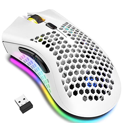 Kabellose Gaming Maus, Computermaus mit Wabenschale, 7 programmierte Tasten, 3 einstellbare DPI, USB-Empfänger, tragbare, ergonomische optische RGB- für Laptop PC/Mac, schwarz (White) von JYCSTE