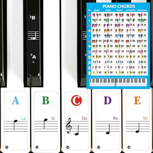 Piano Keyboard Aufkleber mit Piano Chord Chart Poster, abnehmbare bunte Piano Keyboard Note Etiketten für 88/61/54/49 Key, transparente große fette Buchstaben Piano Aufkleber für Anfänger Piano Keyboard Aufkleber mit Piano Chord Chart Poster, abnehmbare bunte Piano Keyboard Note Etiketten für 88/61/54/49 Key, transparente große fette Buchstaben Piano Aufkleber für Anfänger von JYCSTE