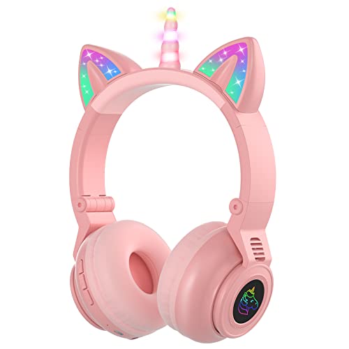 JYPS Einhorn Bluetooth-Kopfhörer, kabellose/kabelgebundene Kinder kopfhörer Mädchen mit LED-licht, Kopfhörer Kinder über Ohr mit Mikrofon und SD-Kartensteckplatz, für iPad/Kindle/Tablet (Rosa) von JYPS