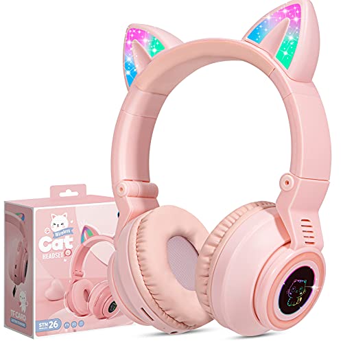 JYPS Kinder-Kopfhörer, kabellos, beleuchtet, Katzenohren, Bluetooth-Kopfhörer, Over-Ear-Kopfhörer für Kinder mit Mikrofon für Amazon Fire Tablet/Laptop/iPad (Rosa) von JYPS