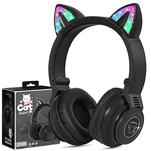 JYPS Kinder-Kopfhörer, kabellos, leuchtend, Katzenohren, Bluetooth-Kopfhörer, Over-Ear, faltbarer Kopfhörer mit Mikrofon für Amazon Fire Tablet/Laptop/iPad (schwarz) von JYPS