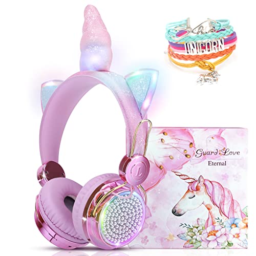JYPS Kinder-Kopfhörer, kabellos, niedliches Einhorn, Bluetooth-Kopfhörer mit leuchtenden LED-Lichtern für Mädchen, verstellbare Kleinkind-Kopfhörer, Over-Ear mit Mikrofon für die Schule von JYPS