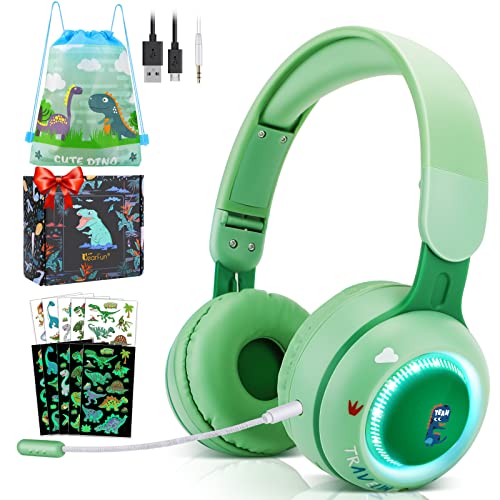 JYPS Kinder Kopfhörer, nette Dinosaurier Kinder Bluetooth Kopfhörer mit LED-Lichtern, Kleinkind Kopfhörer drahtlos für Jungen Mädchen, justierbarer Kopfhörer über Ohr mit abnehmbarem Mikrofon für iPad von JYPS
