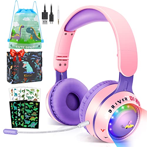 JYPS Kinder Kopfhörer Bluetooth, Dinosaurier Kinder Kabellos Kopfhörer mit LED-Licht, Kleinkind Kopfhörer drahtlos für Jungen Mädchen, justierbarer Kinderkopfhörer ab 3, 5, 7,10 Jahre für iPad von JYPS