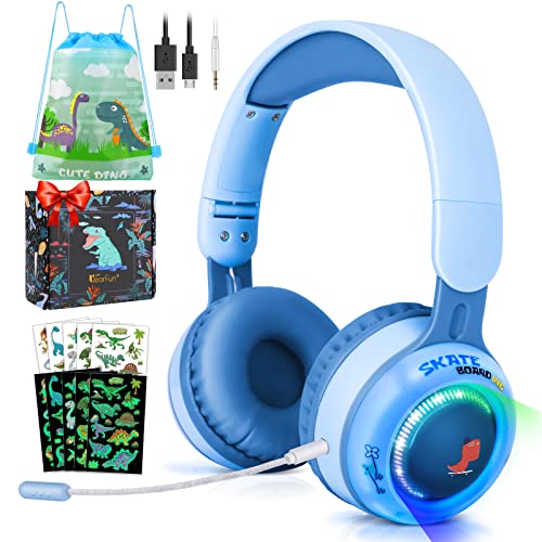 JYPS Kinder Kopfhörer Bluetooth, Dinosaurier Kinder Kabellos Kopfhörer mit LED-Licht, Kleinkind Kopfhörer drahtlos für Jungen Mädchen, justierbarer Kinderkopfhörer ab 3, 5, 7,10 Jahre für iPad von JYPS