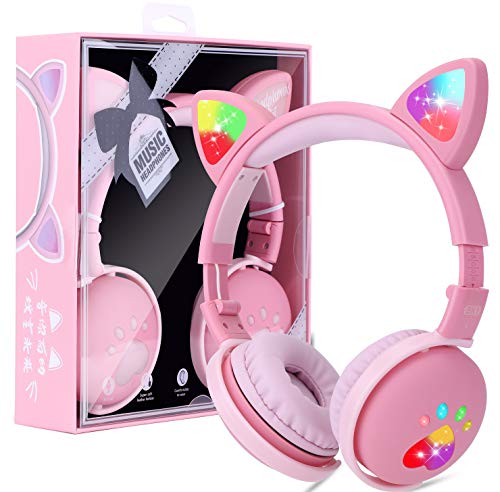 JYPS Kinderkopfhörer Bluetooth, Mädchen Katzenohr Kopfhörer Over-Ear mit LED-licht Faltbare Stereo Kopfhörer Kabellose, Kopfhörer Headsets für Kinder mit Mikrofon für Handy/Tablet/PC/TV (Rosa) von JYPS