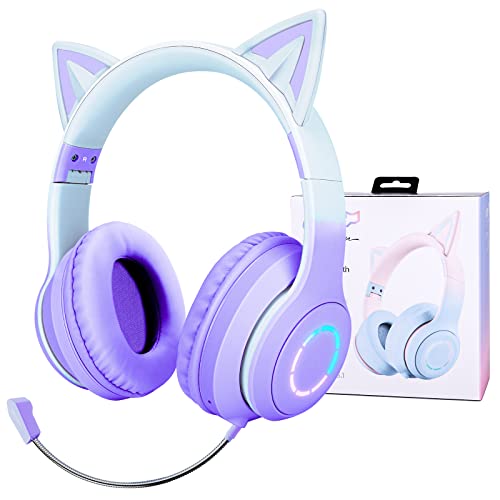 Kabellose Kinder Kopfhörer, KinderKopfhörer mit LED-Licht und Katzenohren für Mädchen, Bluetooth-Headset mit abnehmbarem Mikrofon mit Geräuschunterdrückung und integriertem Mikrofon für Anrufe/Spielen von JYPS