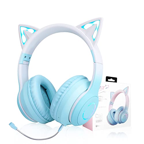 Kabellose Kinder-Kopfhörer, KinderKopfhörer mit LED-Licht und Katzenohren für Mädchen, Bluetooth-Headset mit abnehmbarem Mikrofon mit Geräuschunterdrückung und integriertem Mikrofon für Anrufe/Spielen von JYPS