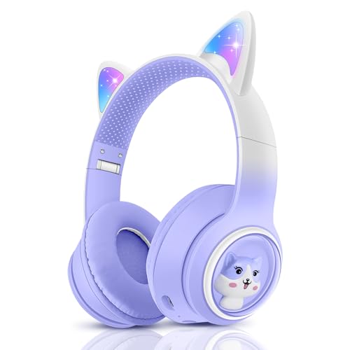Kopfhörer Kinder Kabellos Kluetooth, Katze Ohr Kopfhörer mit LED-Leuchten für Jungen/Mädchen/Kleinkinder ab 3, 5, 7 Jahre, Kind Kopfhörer On Ear mit Mikrofon und Kabel für iPad/Schule/Fire Tablet von JYPS